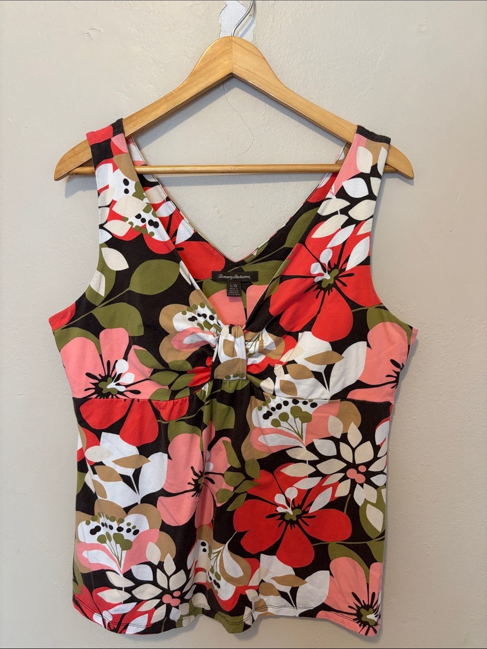 Tommy Bahama Black Floral Knot-Front Tank with Red & Pink Blooms